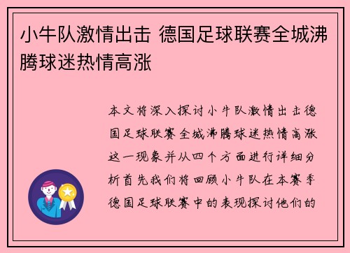 小牛队激情出击 德国足球联赛全城沸腾球迷热情高涨