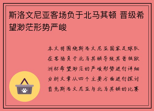 斯洛文尼亚客场负于北马其顿 晋级希望渺茫形势严峻