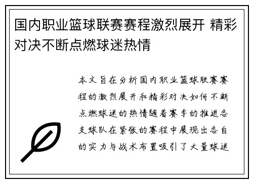 国内职业篮球联赛赛程激烈展开 精彩对决不断点燃球迷热情