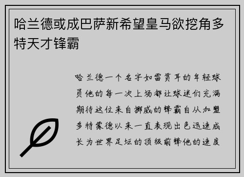 哈兰德或成巴萨新希望皇马欲挖角多特天才锋霸